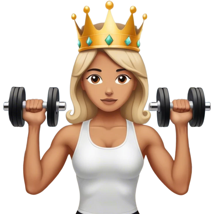 A woman wearing a crown stands in the center of the gym, lifting a dumbbell. emoji
