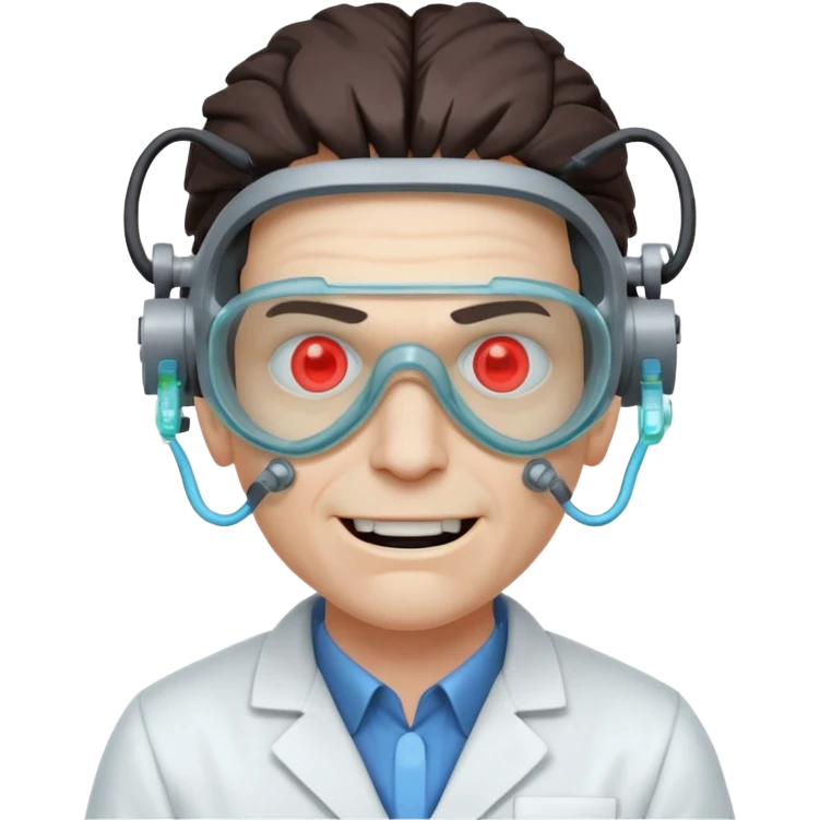mutant scientist portrait, head and shoulders only, exposed glowing brain, broken goggles, evil smile, mad lab vibe, 3D cartoon, mobile game icon style, clean background, no text, no watermark

 emoji