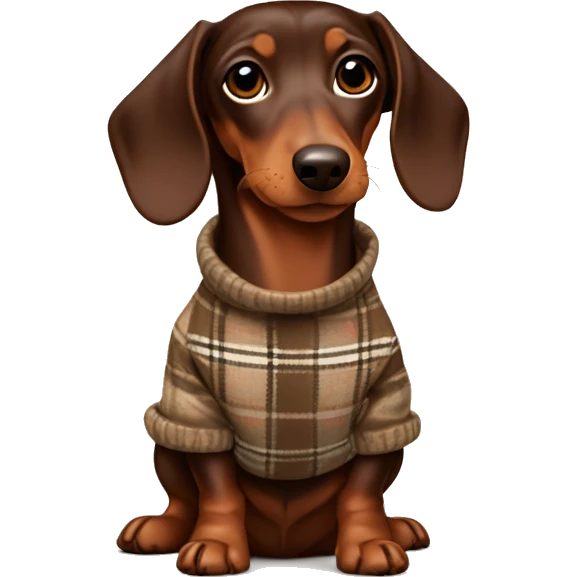 Chocolate and tan dachshund wearing a beige plaid jumper  emoji