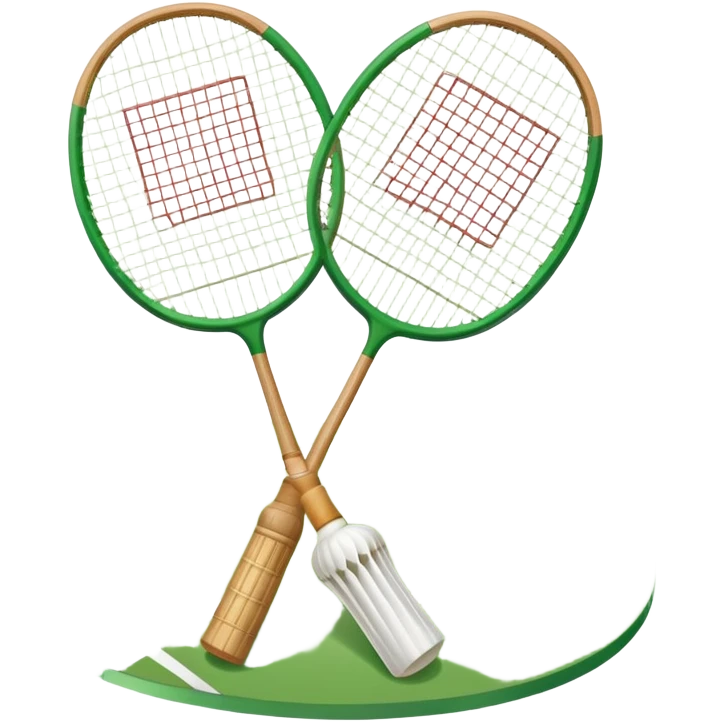 Two crossed badminton rackets with a shuttlecock resting in between, set against the faint outline of a badminton court. The image highlights the tools of the sport, with a subtle emphasis on the court's net and boundaries, symbolizing competition and skill. emoji
