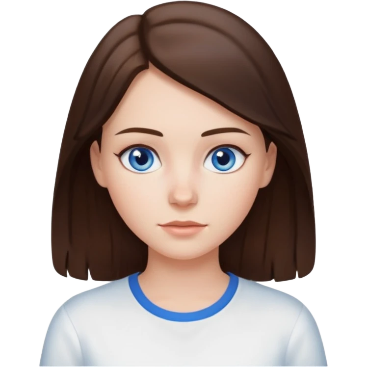 Create an emoji of a white Girl with brunette hair blue eyes faint freckles and hair to her shoulders wearing a white shirt emoji