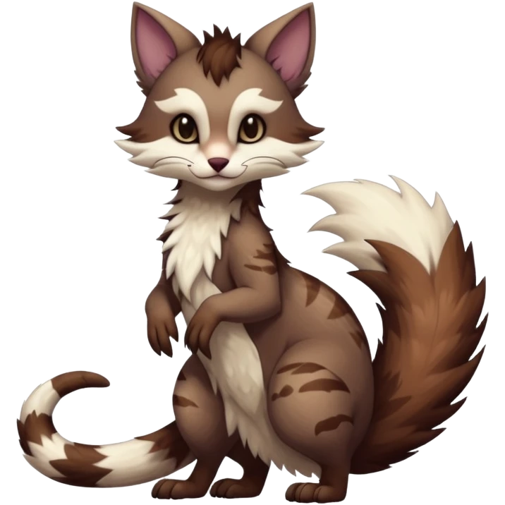 Kawaii dark edgy brown beige white fantasy ethereal feline-vernid-sergal-furret-fursona animal creature with a tufted tail full body with intricate markings  emoji