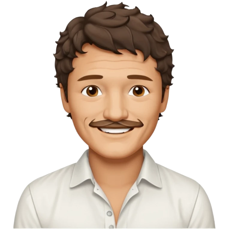 Pedro pascal looking really steamy and sexy smiling in an opened white button down shirt with perfect ringlets short hair emoji