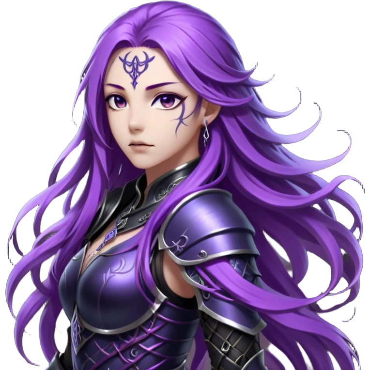 A mysterious warrior girl with long, flowing purple hair cascading down her back, strands catching the dim light like silk. Her piercing violet eyes glow. She wears sleek black armor, a perfect fusion of elegance and lethality, adorned with intricate silver engravings resembling ancient runes.  emoji
