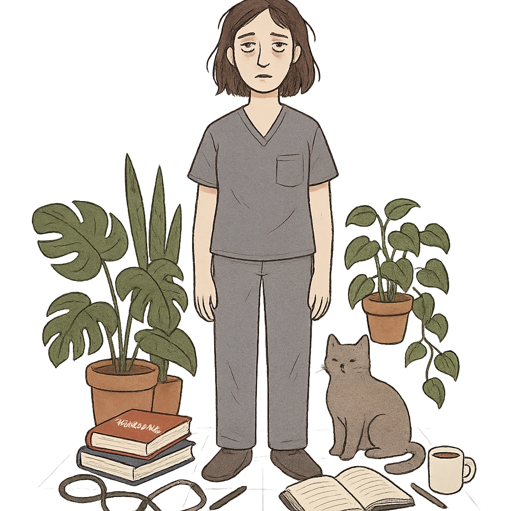 tall tired-looking woman with medium build, brown shoulder-length hair, pale skin, gray eyes, surrounded by house plants, a cat, nursing and study items emoji