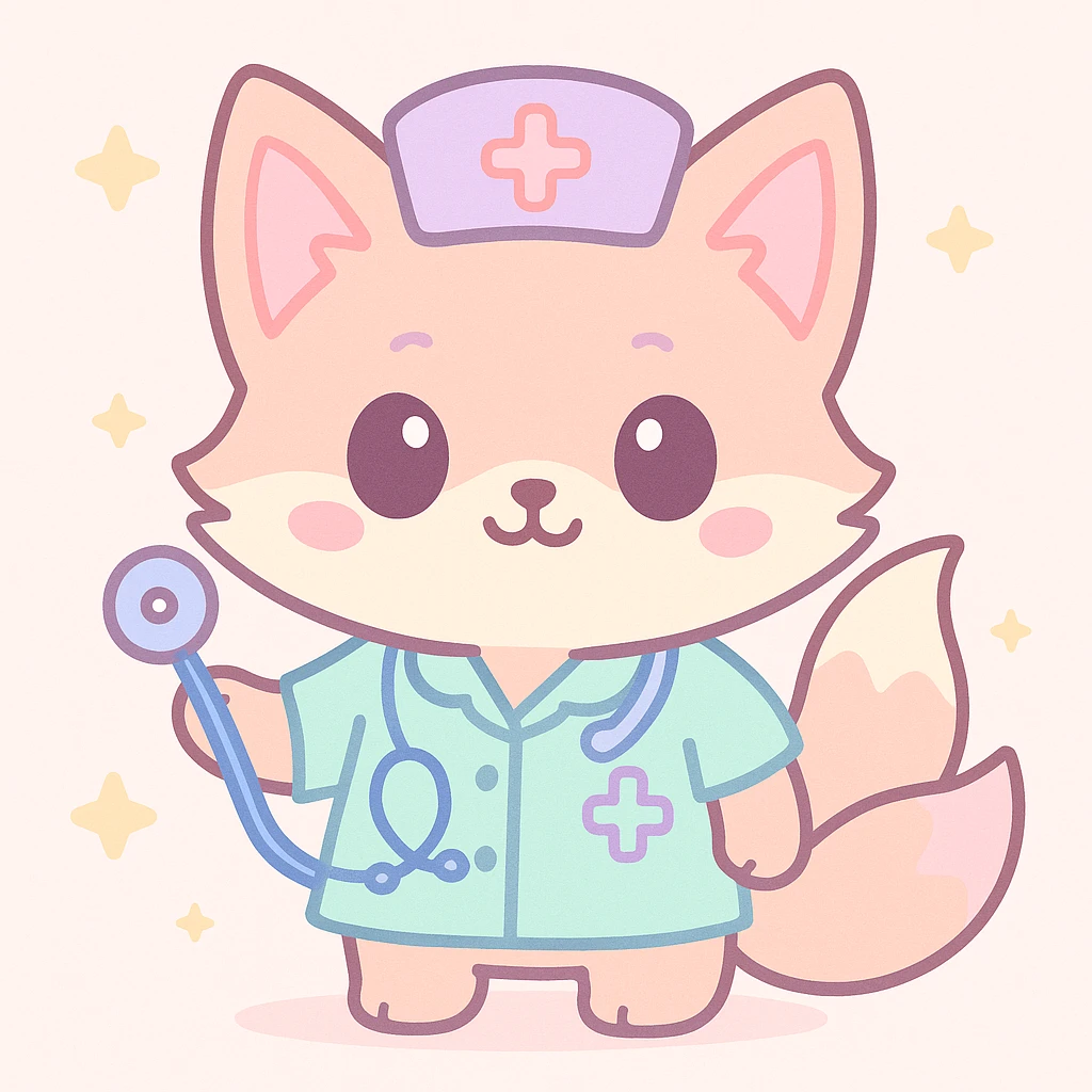 kitsune fox as a medic with a stethoscope, cute cartoon style emoji