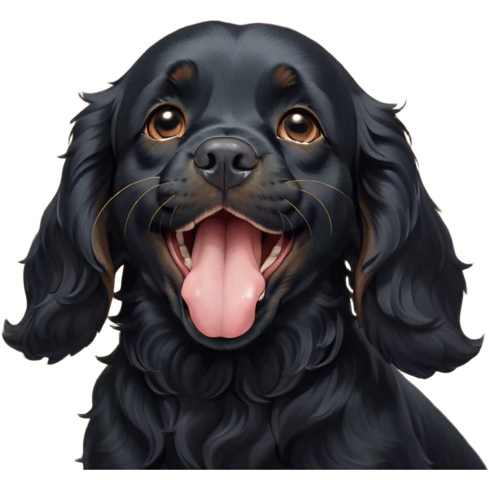 Cinematic Cute Yawning Black Cocker Spaniel Portrait Emoji, Head tilted slightly with a dramatic, wide-open yawn, showcasing a sleek black coat with subtle tan highlights, floppy ears slightly drooping, round dark eyes barely open in drowsy contentment, Simplified yet irresistibly adorable features, highly detailed, glowing with a soft, cozy glow, high shine, relaxed yet expressive, stylized with a touch of whimsy, bright and endearing, soft glowing outline, capturing the essence of a sleepy yet affectionate companion, so drowsy it feels like it could stretch out of the screen and curl up for a nap! emoji