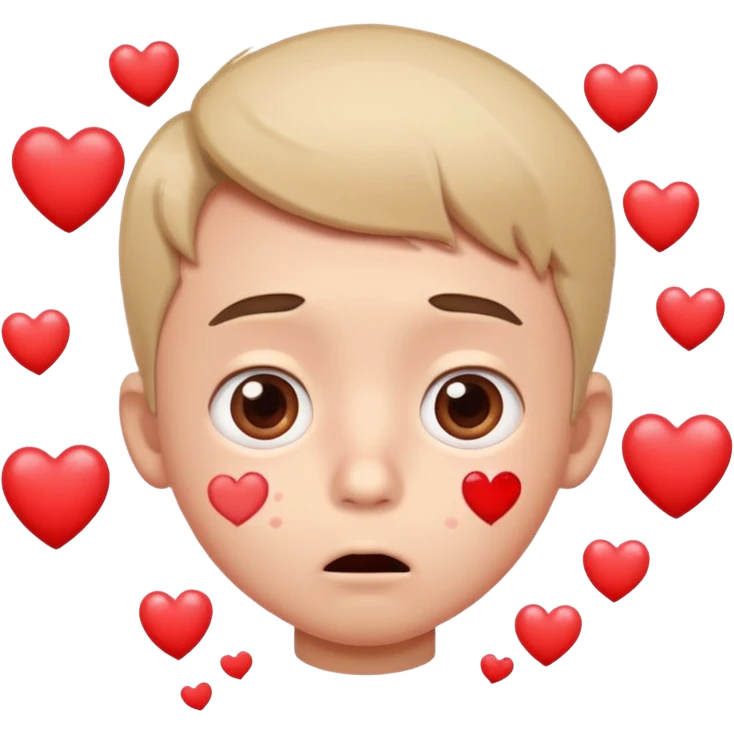 surprised cartoon boy with wide eyes, nosebleed, blushing, hearts floating around emoji