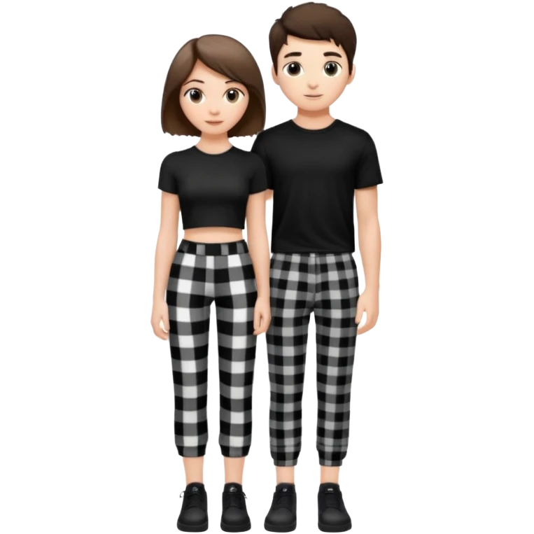 white girl with short brunette hair and eyelashes a little long with a black crop top and black and white plaque pants on top of a white boy with brunnete fluffy hair and long black shirt on and black and white plaque pants. emoji