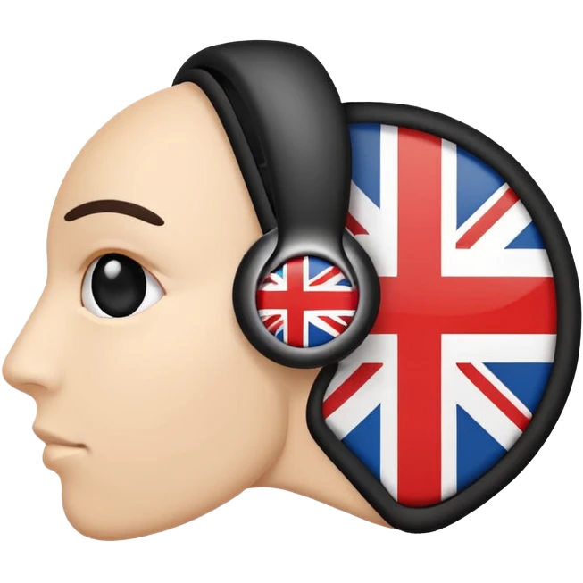 Minimalistic flat vector icon, iOS style, thin black contour on white background. Ear icon with sound waves and small UK/USA flag symbol. Clean, no text, no shadows emoji