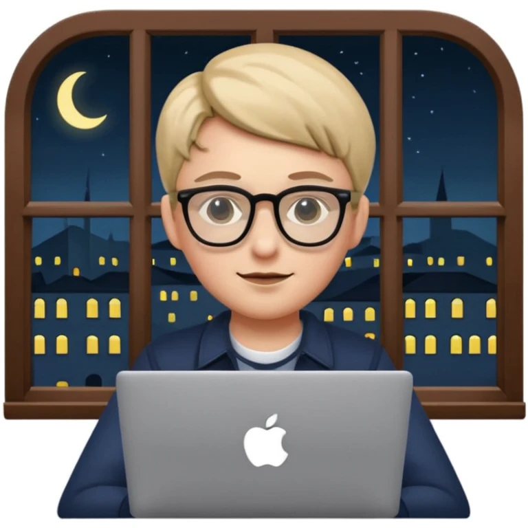 student with laptop, window at back, dark night, apple style emoji emoji