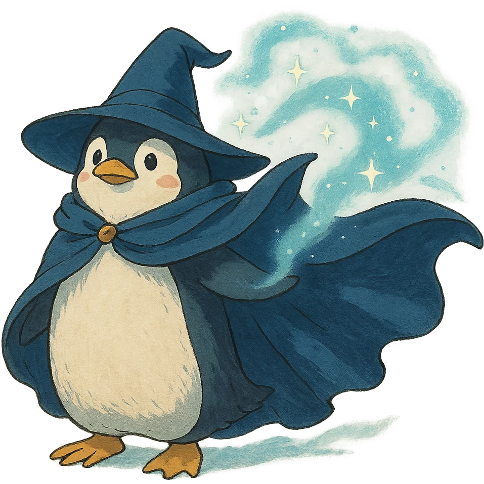 ghibli style penguin wizard with flowing cape and magical aura emoji
