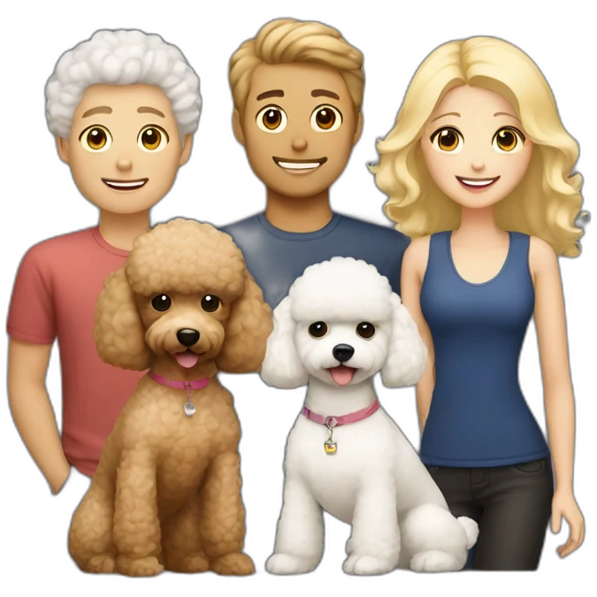 Family consisting of 1 korean man 1 white blonde girl and fluffy brown toy poodle emoji