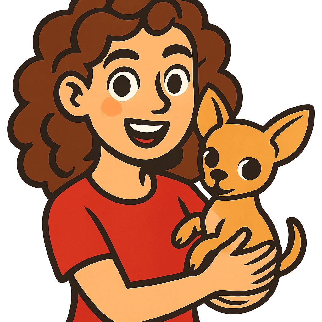 white girl with curly brown hair holding a chihuahua puppy emoji