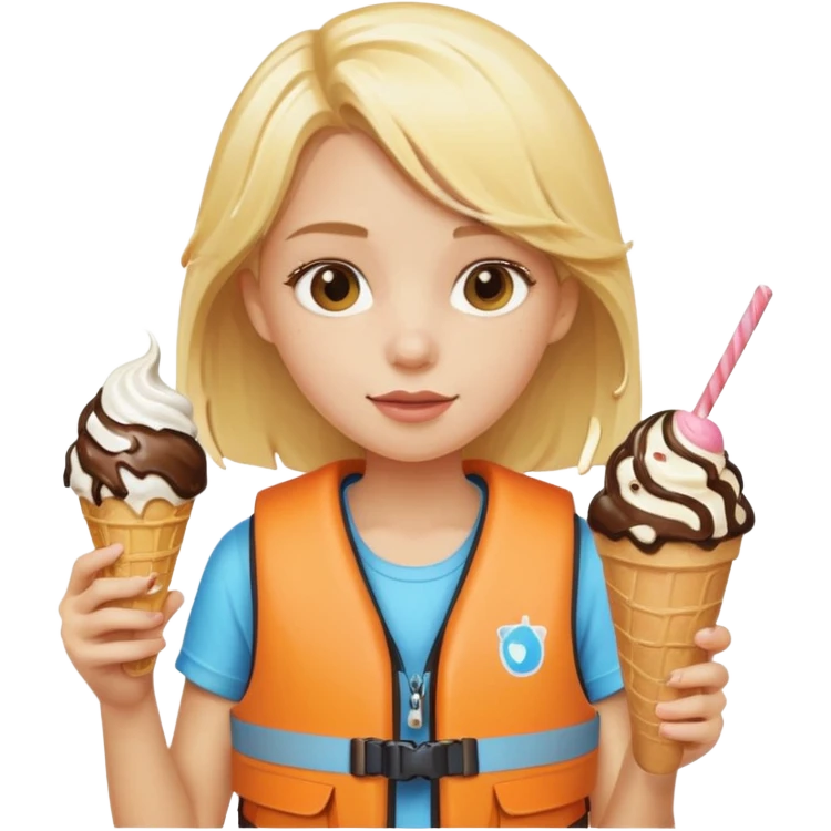 girl blonde kid wearing lifejacket, holding ice cream emoji