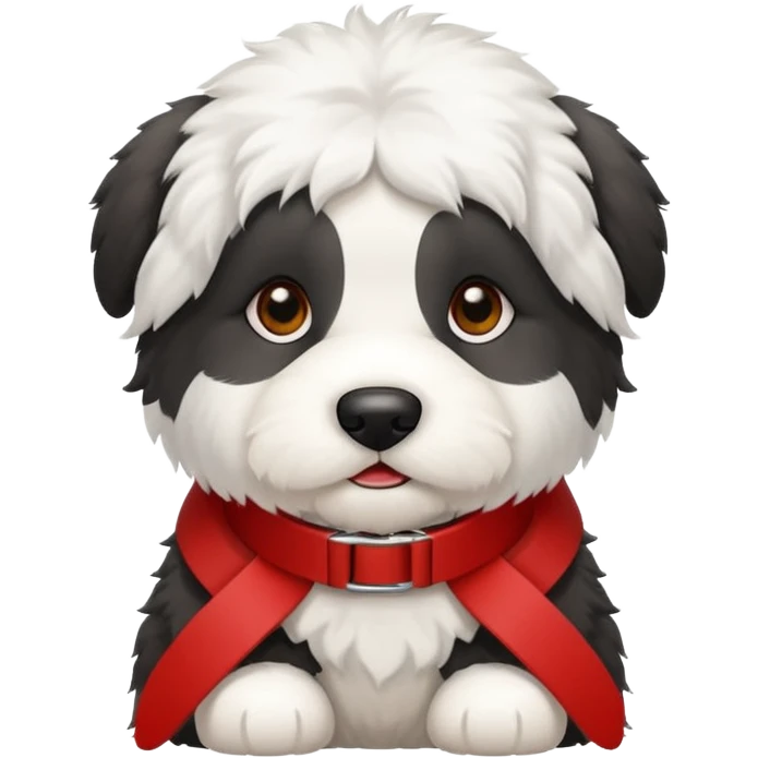 Crea un emoji de un perrito bebé  sheppdog english old con un collar rojo y que la placa diga Rocky emoji