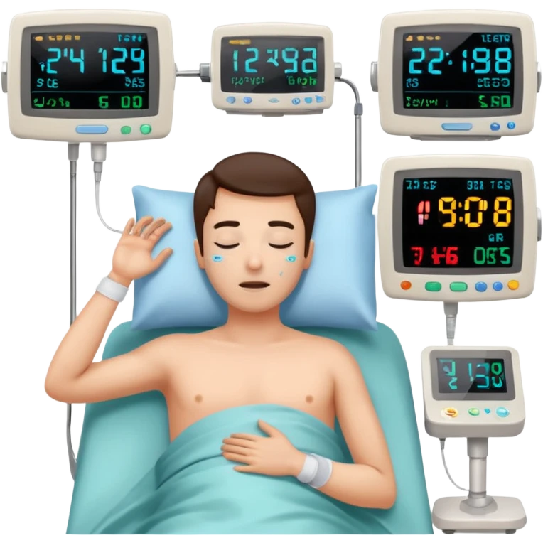 a PATIENT waking up before a surgery sleeping. And 1 monitor with vitals and numbers emoji