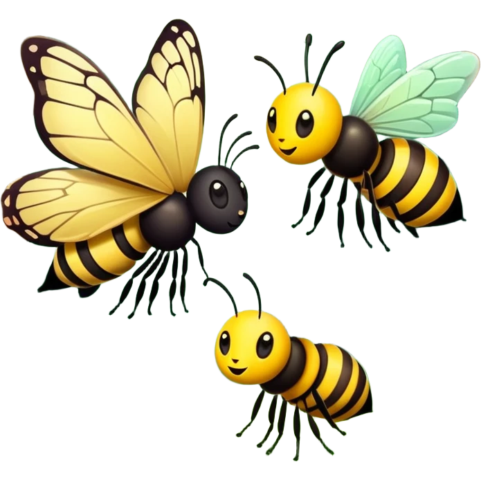 butterfly and bee together in a green forest, simple and expressive emoji
