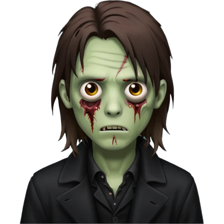 zoZombie, emo guy, with dark circles under his eyes and long brown hair, in a black long
 emoji