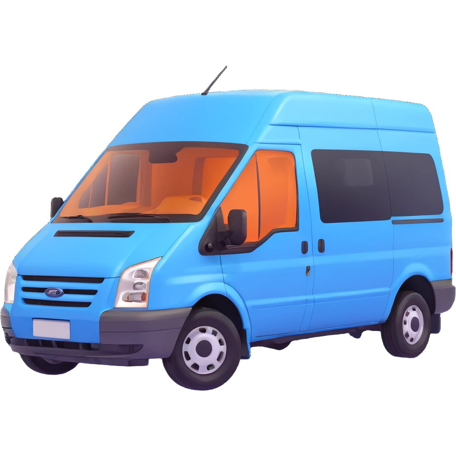 electric light blue Ford Transit passenger van, side profile, front facing right, extra glossy finish emoji