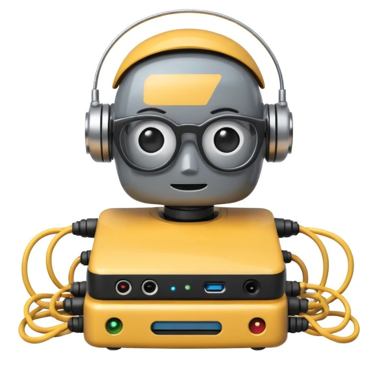 cute robot emoji profile picture with glasses, surrounded by network cables and routers, white background emoji