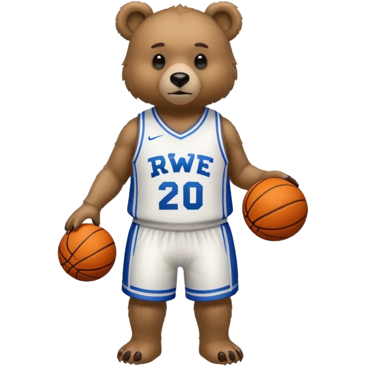 Bear with full body and wearing basketball jersey that says RWE emoji