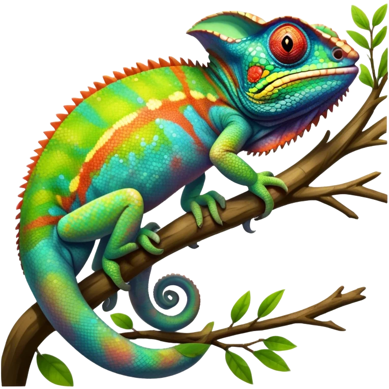 Giant Chameleon blending into natural surroundings, perched on a branch. Its vibrant colors shift with the environment. Lush greenery, branches, and soft sunlight create a peaceful, nature-filled background. Transparent background, showcasing the chameleon's colorful, textured skin. emoji