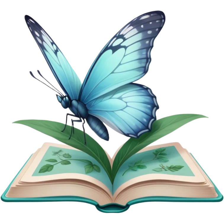 A pale blue butterfly hovering over an open green book with faded botanical illustrations. emoji