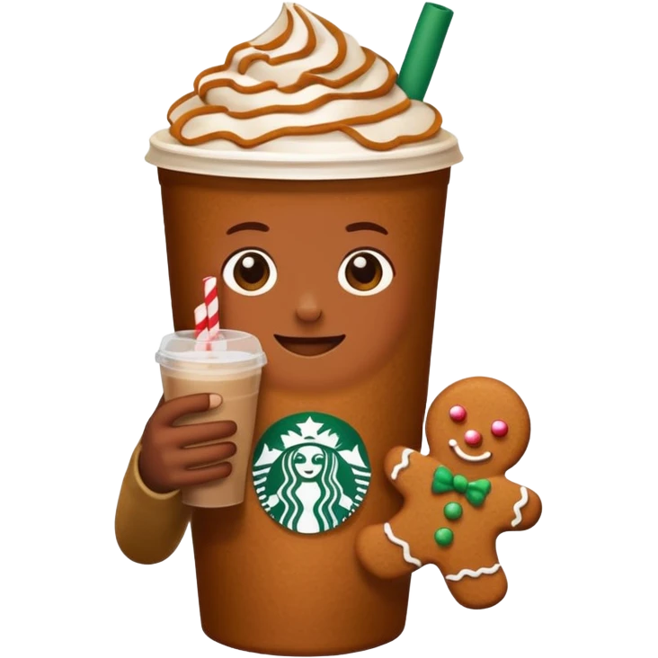 a plain emoji holding a gingerbread chai drink from Starbucks emoji