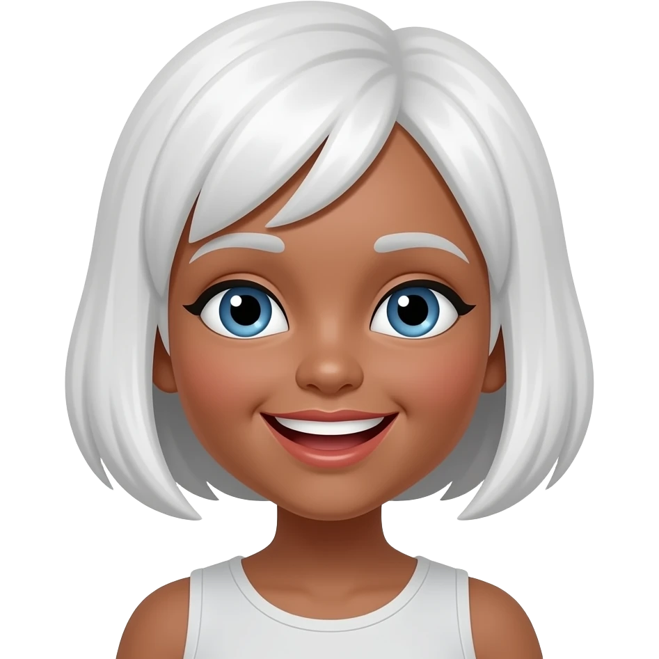8-bit Chibi square pixelated head icon of a girl laughing white white short hair blue eyes pixel square eyes and brown skin emoji