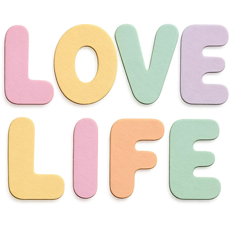 cute kawaii style "Love Life" in soft pastel rainbow rounded puffy letters, no border, transparent background emoji