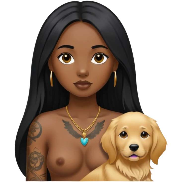 a black girl with long black  straight hair with  tattoos on the chest and  a golden retriever emoji