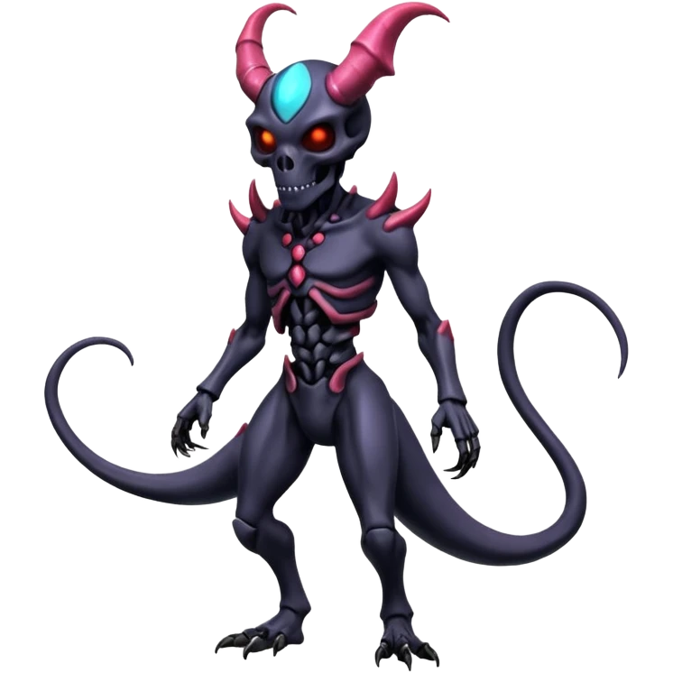 Shiny Horned Futuristic Badass Demonic Spectral Dusky Spooky Skull-faced Cool Hot Stylish Handsome Alien-Salandit-Darkrai-Genesect-Fakémon-fusion (full body) emoji