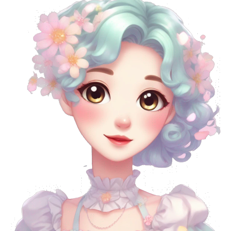 Gorgeous pastel anime style lady with blushing face with flower petals around cute dress  cottagecore fairycore pastelcore shiny colorful pearly petite simplistic aesthetic trending style emoji
