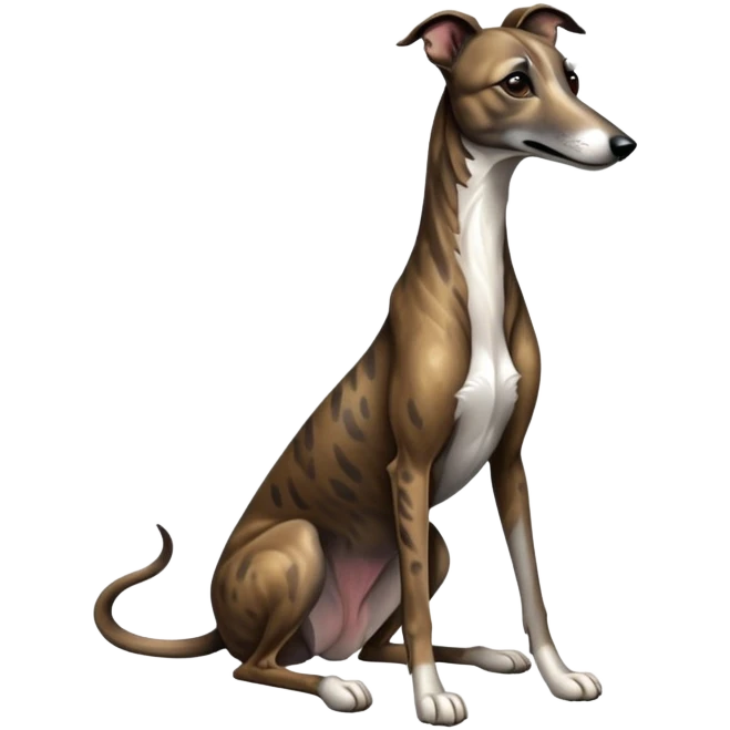 cinematic-[brindle greyhound]-realistic-full-body-sitting-emoji,-tail-resting-loosely-beside-its-paws,-head-tilted-dramatically, -sleek-[dark brindle]-fur,-simplified-yet-realistic-focused-features,-highly-detailed,-glowing-with-an-almost-sarcastic-glow emoji