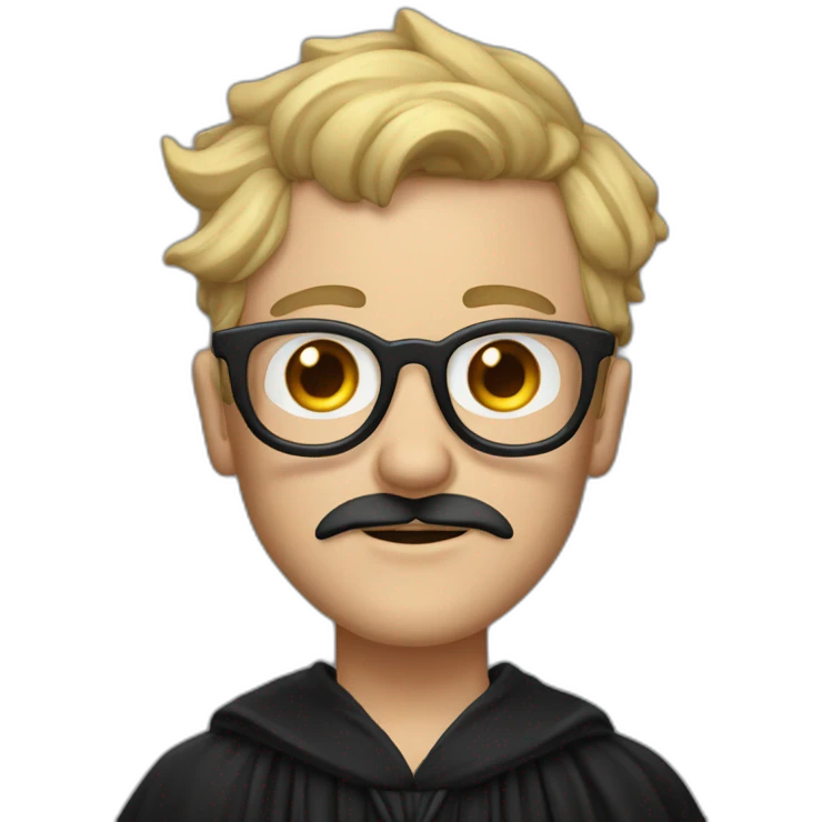 A man with blond messy hair and a mustache, wearing a black squared shaped eye glasses, a black witch hat, black  robe emoji