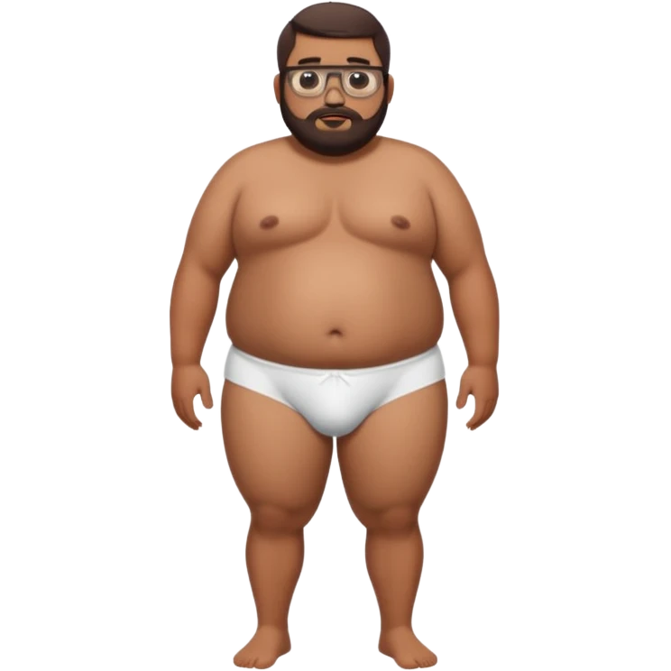 A full body standing, morbidly obese, fat, shirtless tanned mexican guy in his white underwear , with a short buzzcut, a beard, and glasses thats drooling  emoji