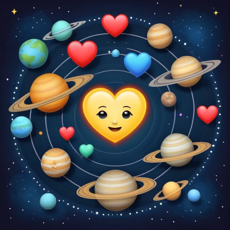 Solar system with heart-shaped planets orbiting a sun, colorful planets in the shape of hearts emoji