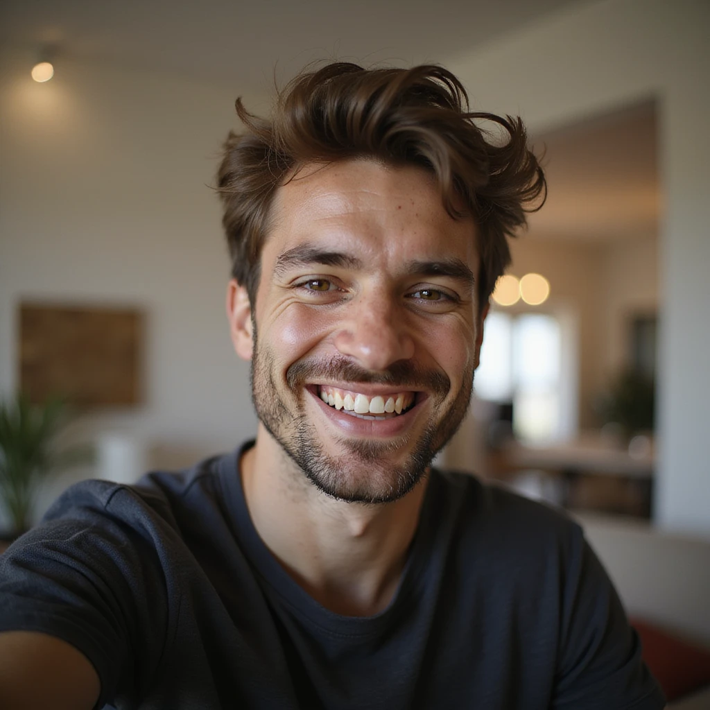 smiling guy taking a selfie indoors, photorealistic style emoji