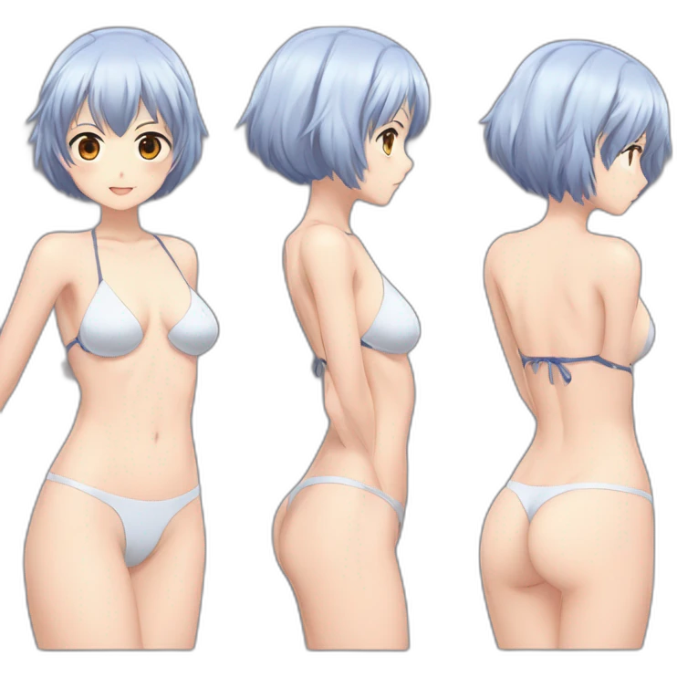 rei ayanami nue, full-body, short-hair, teen, back and front views, bikini emoji