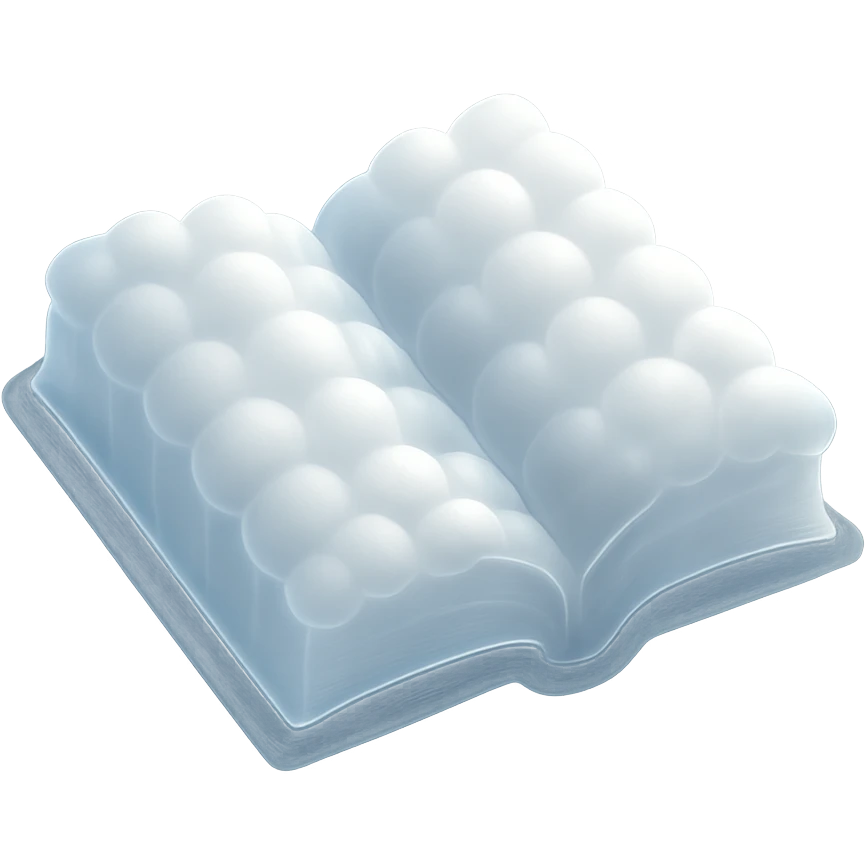 top view of a thick open book made entirely of small, very bright white fluffy convex clouds, matte glass style, no background emoji