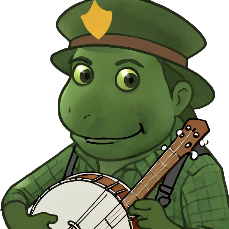 Man playing a banjo with brown hair white emoji