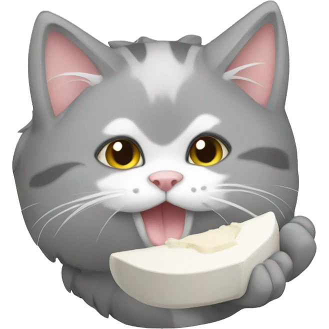 Grey and white cat eating emoji