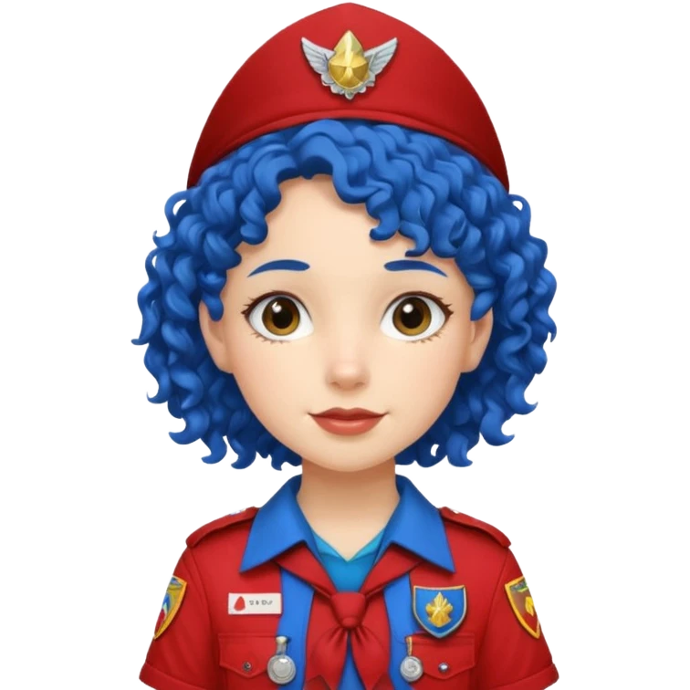 scout girl with red scout uniform, blue curly haired emoji
