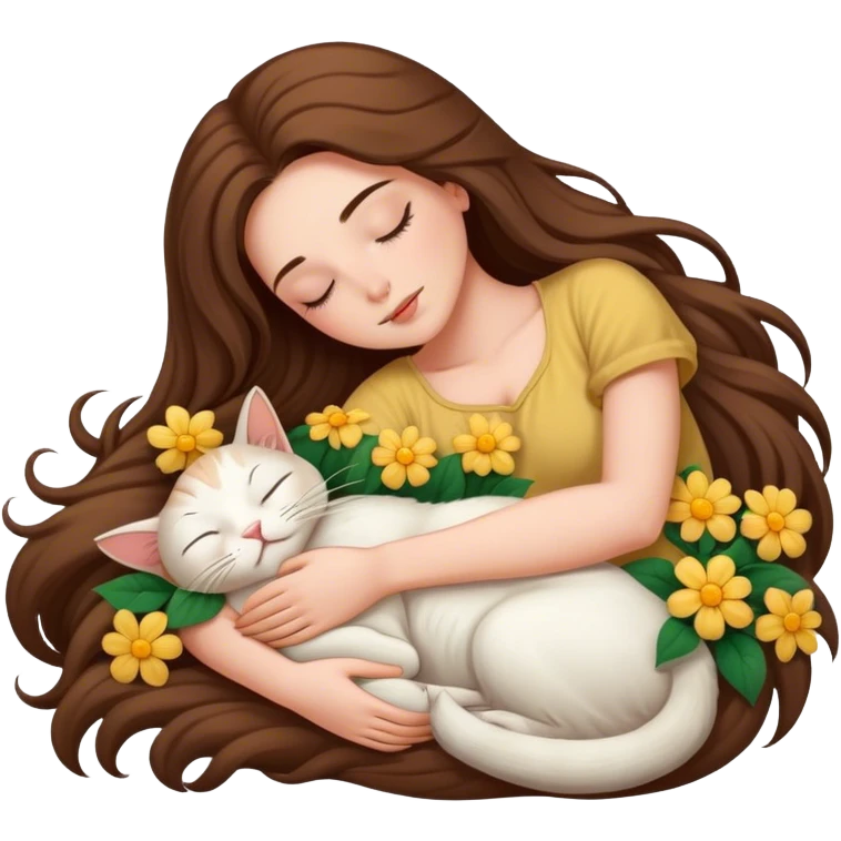 A sleeping long-haired woman is lying down holding a three-flowered cat. emoji