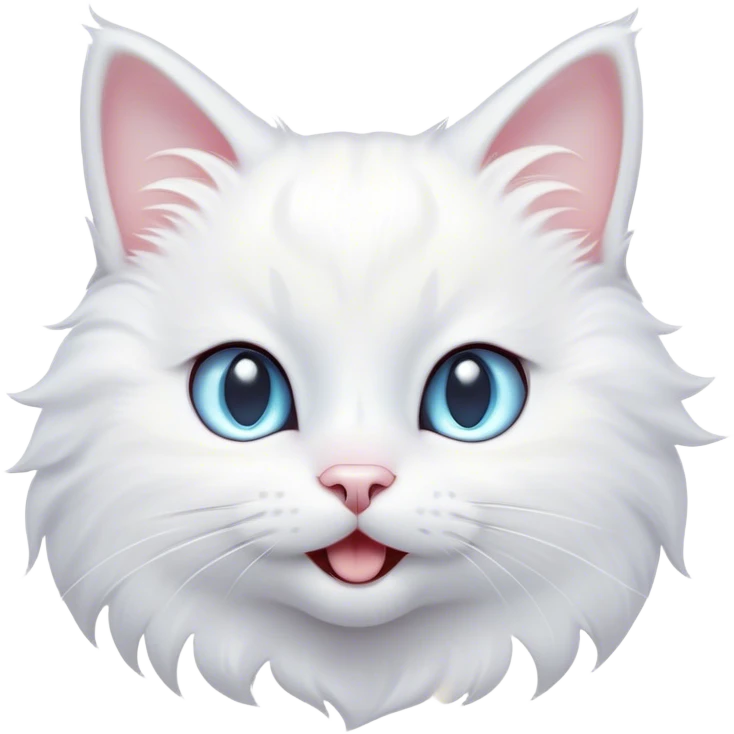 Cinematic Comical White Cat Portrait Emoji, Head tilted in an exaggerated, surprised manner with wide, sparkling eyes, showcasing a pristine white fur with subtle hints of silver and an animated, goofy expression, simplified yet whimsically detailed, glowing with a playful, bright radiance, high shine, exuding a lighthearted and comical charm, styled with a soft glowing outline, capturing the essence of a white cat that looks ready to prance comically off the screen! emoji