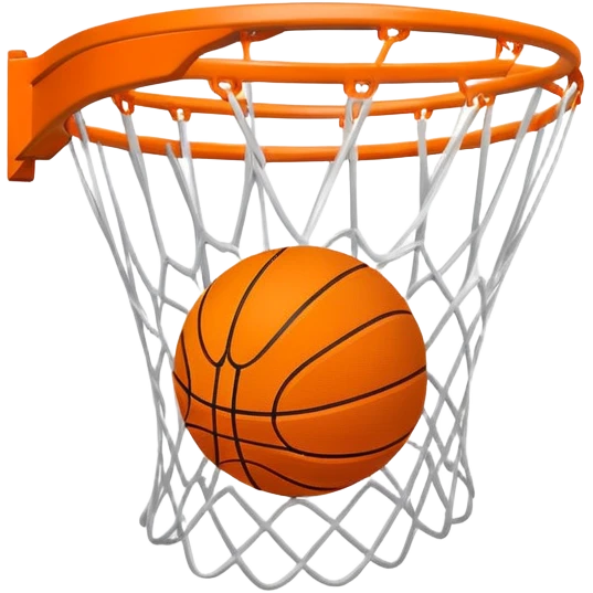 Basketball falling through white net, motion lines, minimal design, iOS emoji style emoji