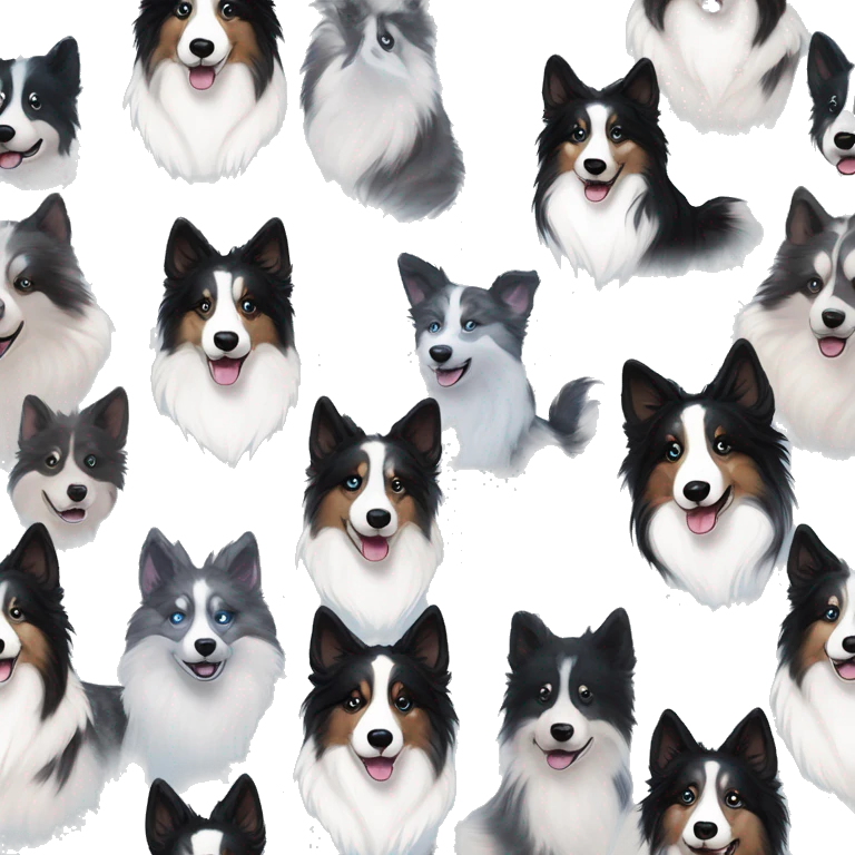  Black spotted brindle fluffy collie husky blue eyes fluffy ears and holographic harness running emoji