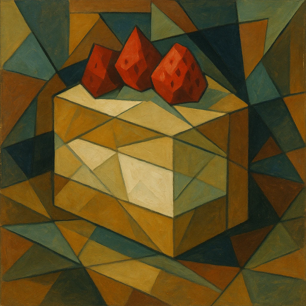 white cake with strawberries on top, cubist abstraction style emoji