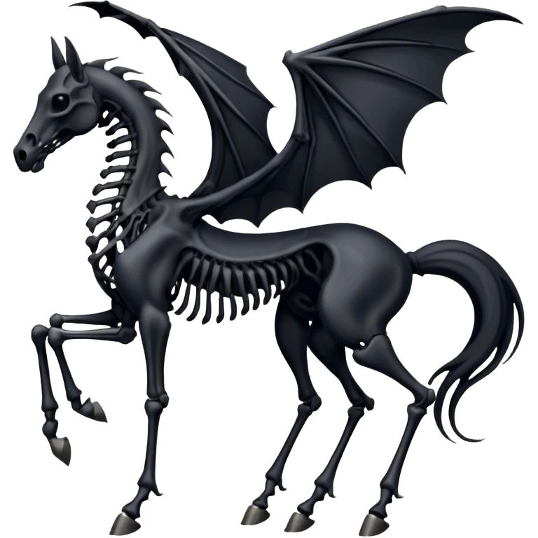 thestral: Winged horses visible only to those who have witnessed death and understand its significance. Can u make it thinner? Like an achal tekkine? Long legs, wings like from a bat, head like a sekeleton horse emoji